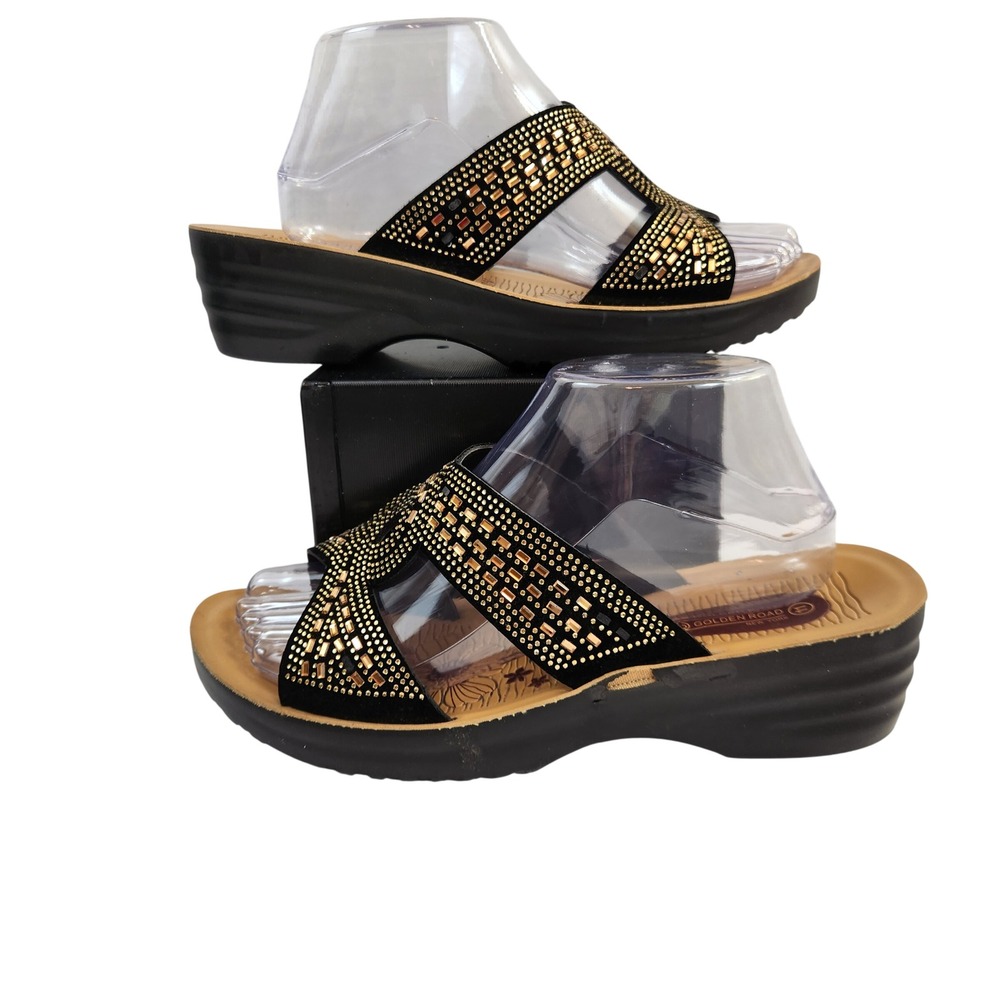 Golden Road Women's Black Gold Rhinestone Wedge Sandals Shoes Size 11 - Picture 2 of 14